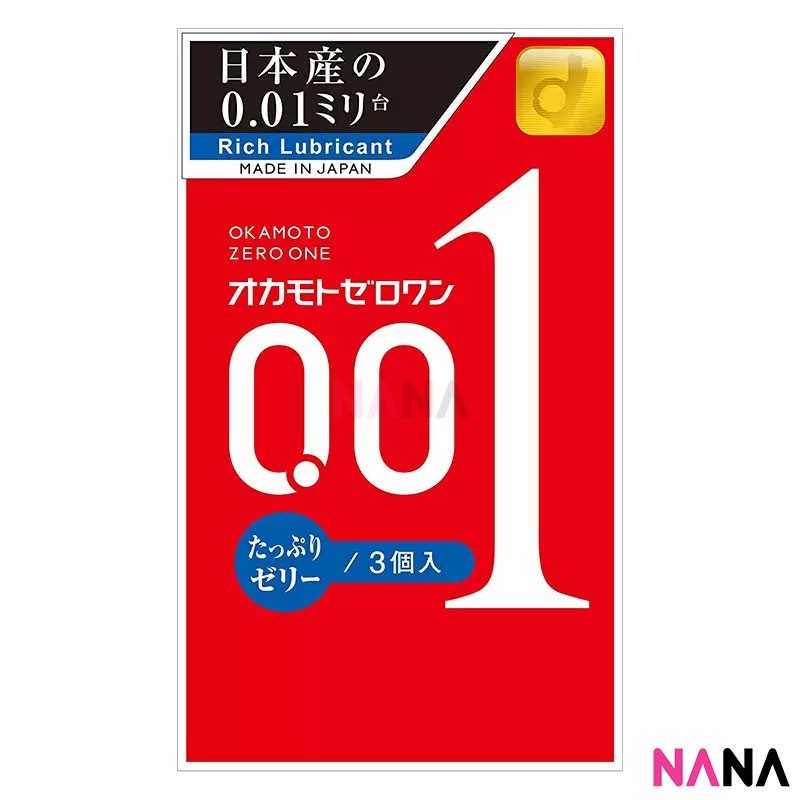 Okamoto 0 . 01 Zero One Condom 3 ชิ้นเพิ่มความชุ่มชื้น ( Plenty Of Jelly - สีฟ้า ) 0 . 01ชุ่มชื้นเป็