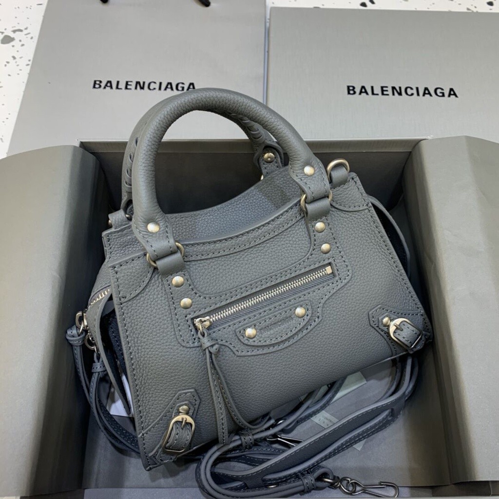 Balenciaga Neo Classic Motorcycle Bag Small Litchi Pattern กระเป๋าถือสีเทาเข้ม กระเป๋าสะพายข้าง กระเ