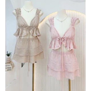 ชุดเซ็ท 2 ชิ้น กระโปรงชั้นๆ เสื้อกล้ามลายลูกไม้ กระโปรงชั้น S-L งานเวียดนาม น่ารักๆ ป้าย G-rose. (G015)