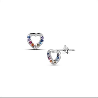 Heart shaped rainbow CZ earrings, sterling silver./ต่างหูรูปหัวใจสีรุ้ง CZ เงินแท้