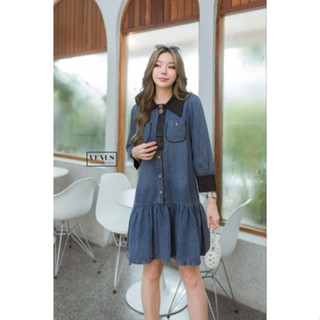 📌Jeans Dress เดรสผ้ายีนเนื้อดี แขนยาว แต่งกระดุมสีทอง แต่งชายระบาย