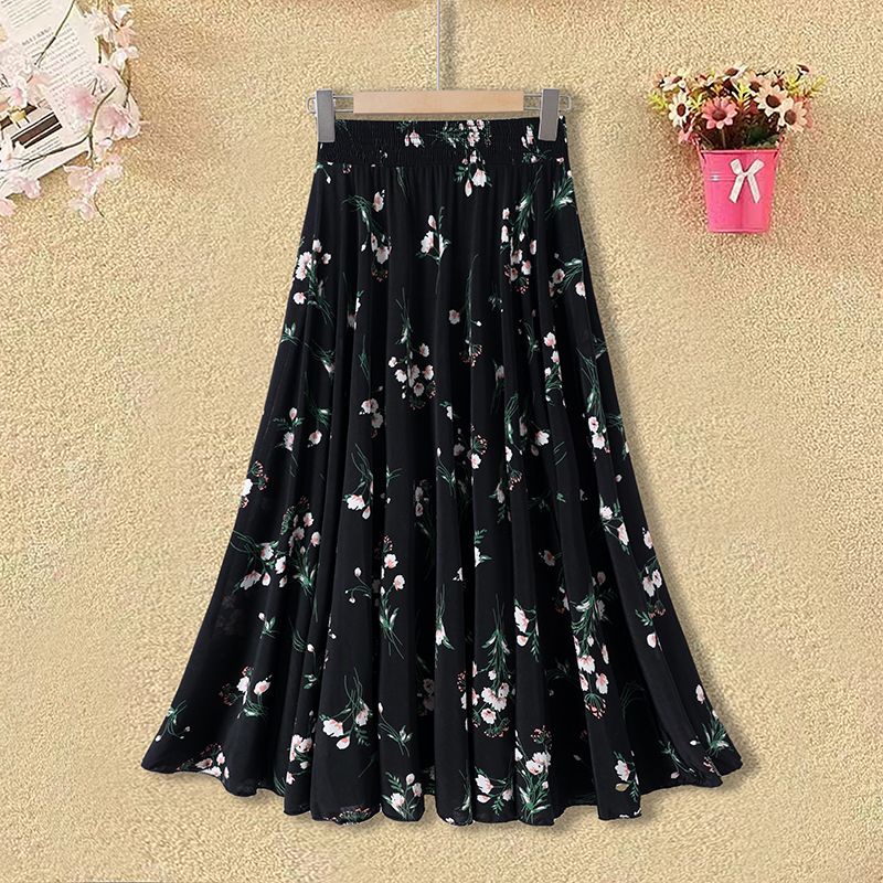 พร้อมส่ง🌈XL-4XL เกาหลีขนาดใหญ่เอวยางยืดฤดูร้อนความยาวกลางเต้นรำชีฟองกระโปรงบางลายดอกไม้