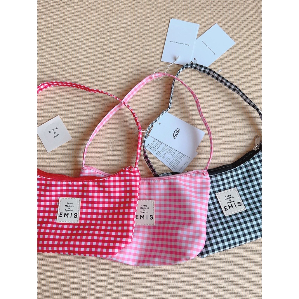 emis กระเป๋า กระเป๋าถือ กันน้ํา พิมพ์ลายหมากรุก แบบเรียบง่าย สไตล์เกาหลี สําหรับผู้หญิง