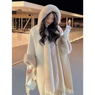 ▦●✙Cape Shawl Coatผู้หญิง2023ฤดูใบไม้ร่วงและฤดูหนาวใหม่High-Endพู่Retroขนสัตว์ขนาดใหญ่ถักHooded Coat