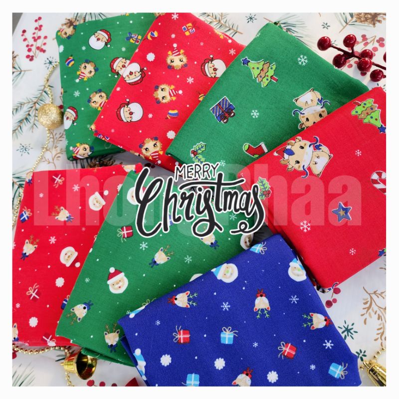 พร้อมส่ง!! ผ้าเมตร ผ้าคอตตอนทีซี แซนต้าคลอส คริสต์มาส diy ผ้าพร็อพ