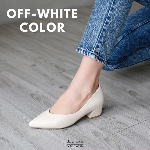 𝐌𝐈𝐍𝐈𝐌𝐀𝐋𝐈𝐒𝐓 รองเท้าส้นสูงหนังแกะแท้ รุ่น Sofia (off-white) สูง 1.5 นิ้ว ส้นแบบ block-heel เดินได้มั่นคง ไม่ตกร่อง