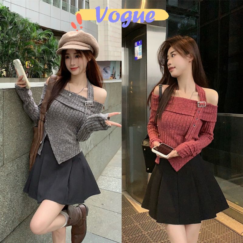 Vogue พร้อมส่ง เสื้อเปิดไหล่ไหมพรม เพิ่มแต่งสายคล้องคอ 2สี (T716)