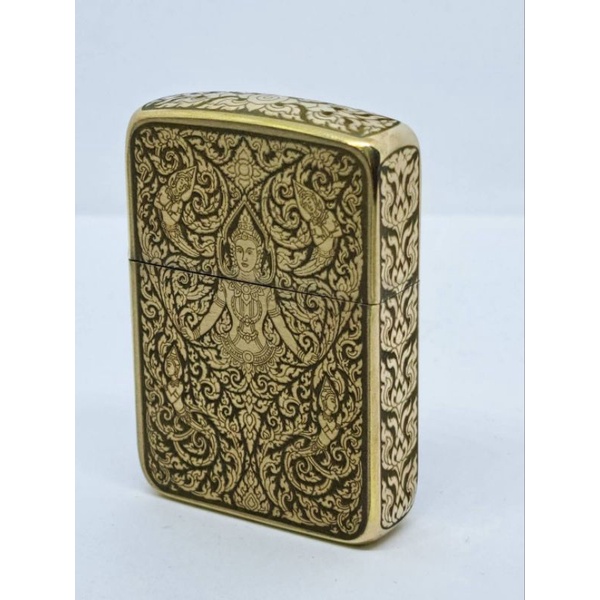 ไฟแช็กซิปโป้สีทองตัวใหญ่ แกะลายเทวดา Zippo ReplicaBrass แกะลายไทย5ด้าน