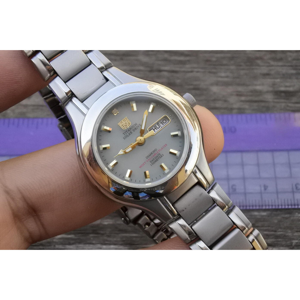 นาฬิกา Vintage มือสองญี่ปุ่น Elgin Titanium หน้าปัดเพชรแท้ ผู้หญิง ทรงกลม ระบบ Solar ขนาด30mm ใช้งานได้ปกติ