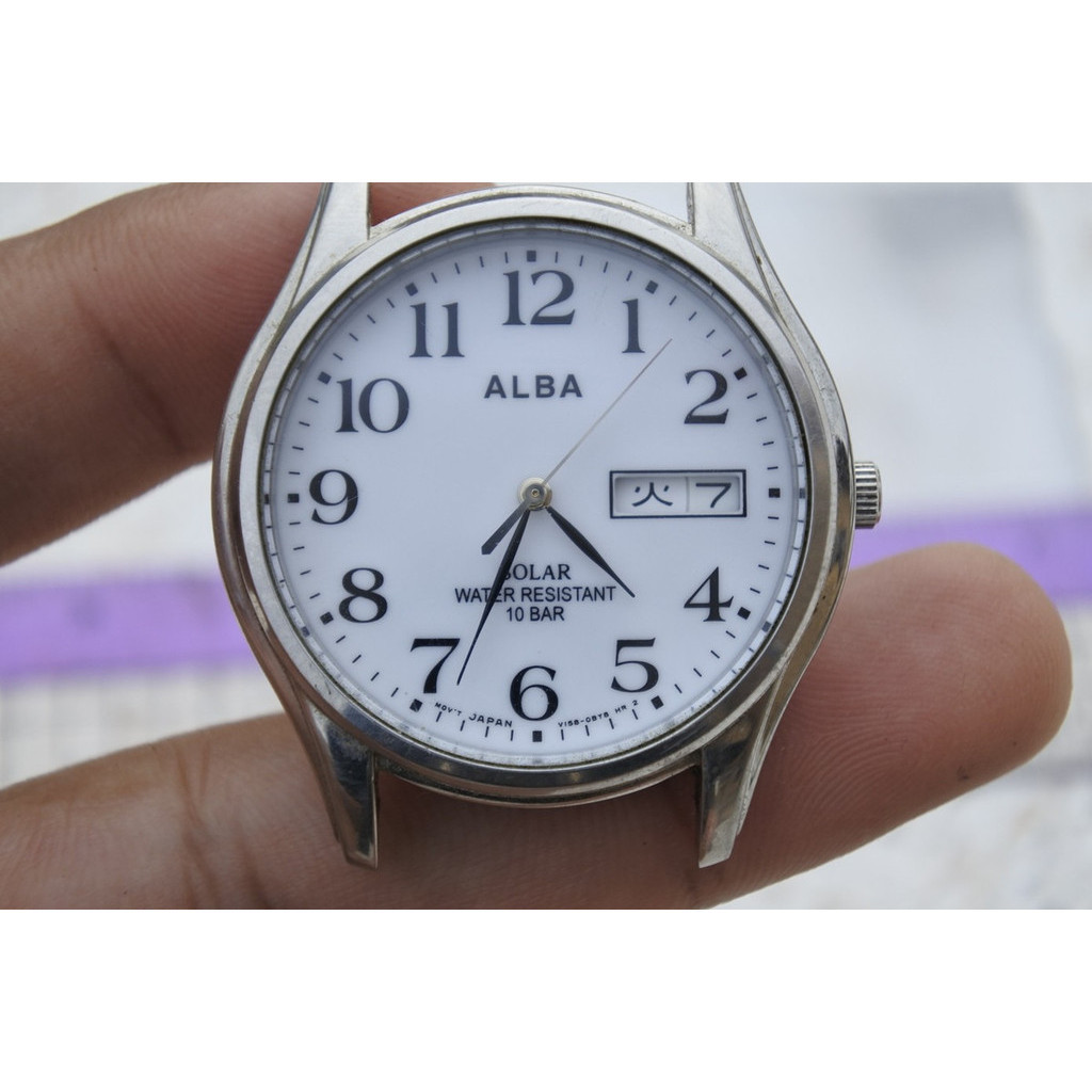 นาฬิกา Vintage มือสองญี่ปุ่น Alba V158 0AX0 หน้าขาว ผู้ชาย ทรงกลม ระบบ Solar ขนาด37mm ใช้งานได้ปกติ 