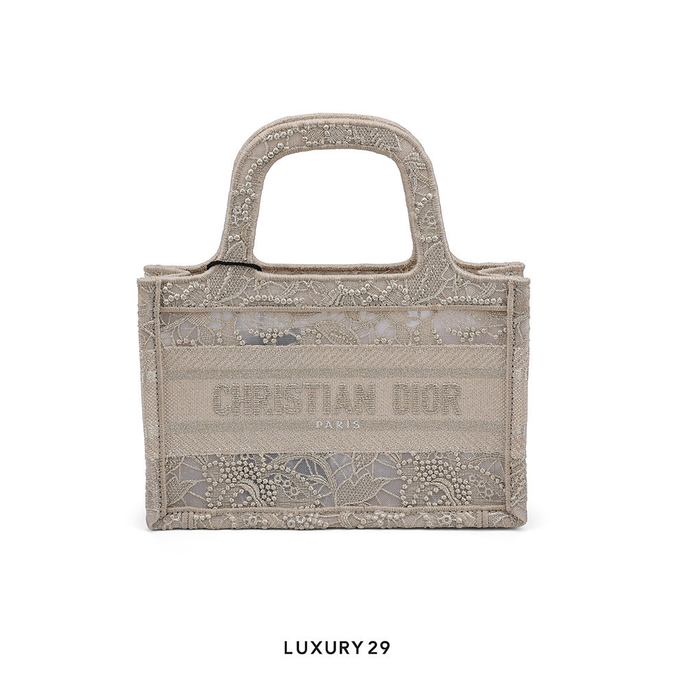 Dior Mini Or Dior Book Tote Gold-Tone D-Lace Embroidery with Macramé Effect