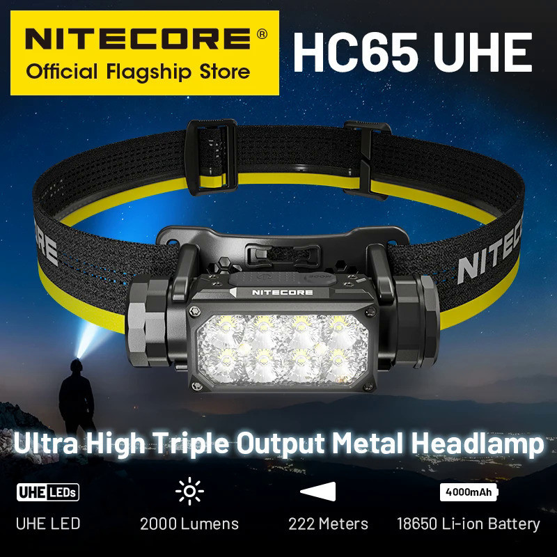 NITECORE HC65 UHE LED Headlamp 2000 Lumen USB-C Rechargeable 8 Core UHE LED Headlight Dual Beam,4000mAh 18650 Li-ion Bat