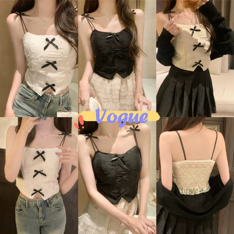 Vogue พร้อมส่ง เสื้อสายเดี่ยว มีฟองน้ำ ลายโบว์น่ารัก มี3สี (FY655) -H