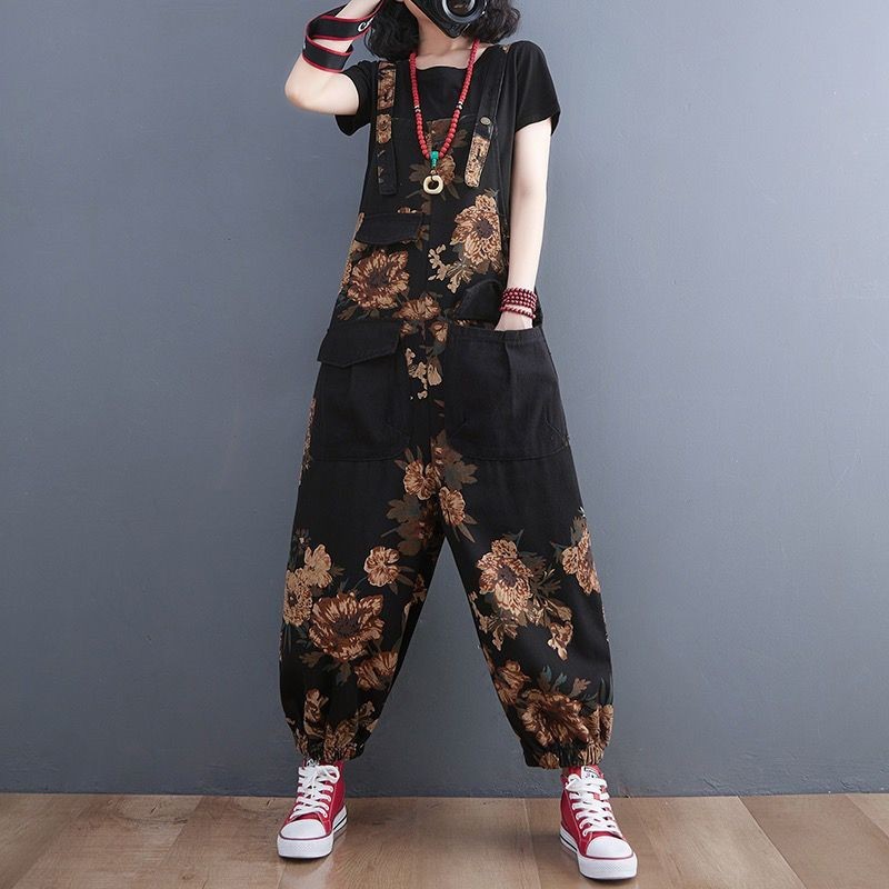 เอี๊ยมกางเกงยีนส์ เอี๊ยมกางเกงสาวอวบ overalls ลายดอกไม้วินเทจ