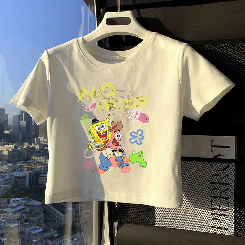 เสื้อครอป เสื้อแฟชั่น แขนสั้น เอวลอย สกรีนลายการ์ตูนสพันจ์บ๊อบน่ารัก ผ้านิ่มใส่สบาย มีหลายสีหลายไซส์