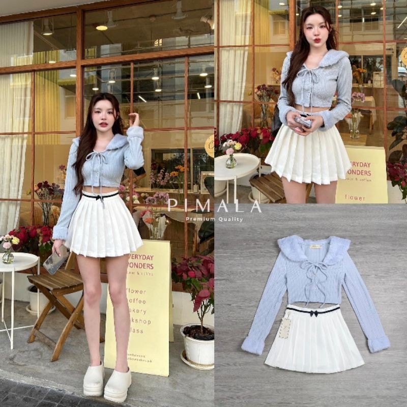 Pimala เซ็ทเสื้อครอปเฟอร์แขนยาวกระดุมสวยหรูผูกโบว์ด้านหน้า