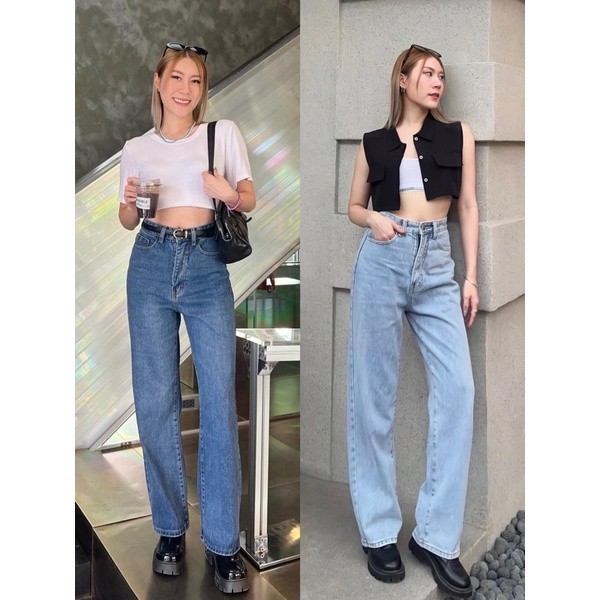 666THESUNCO - JEANS01[เหลือ483.-โค้ดDDX30APR25]กางเกงยีนส์ขากระบอกตรงเอวสูง เก็บหุ่น พรางหน้าท้อง DK