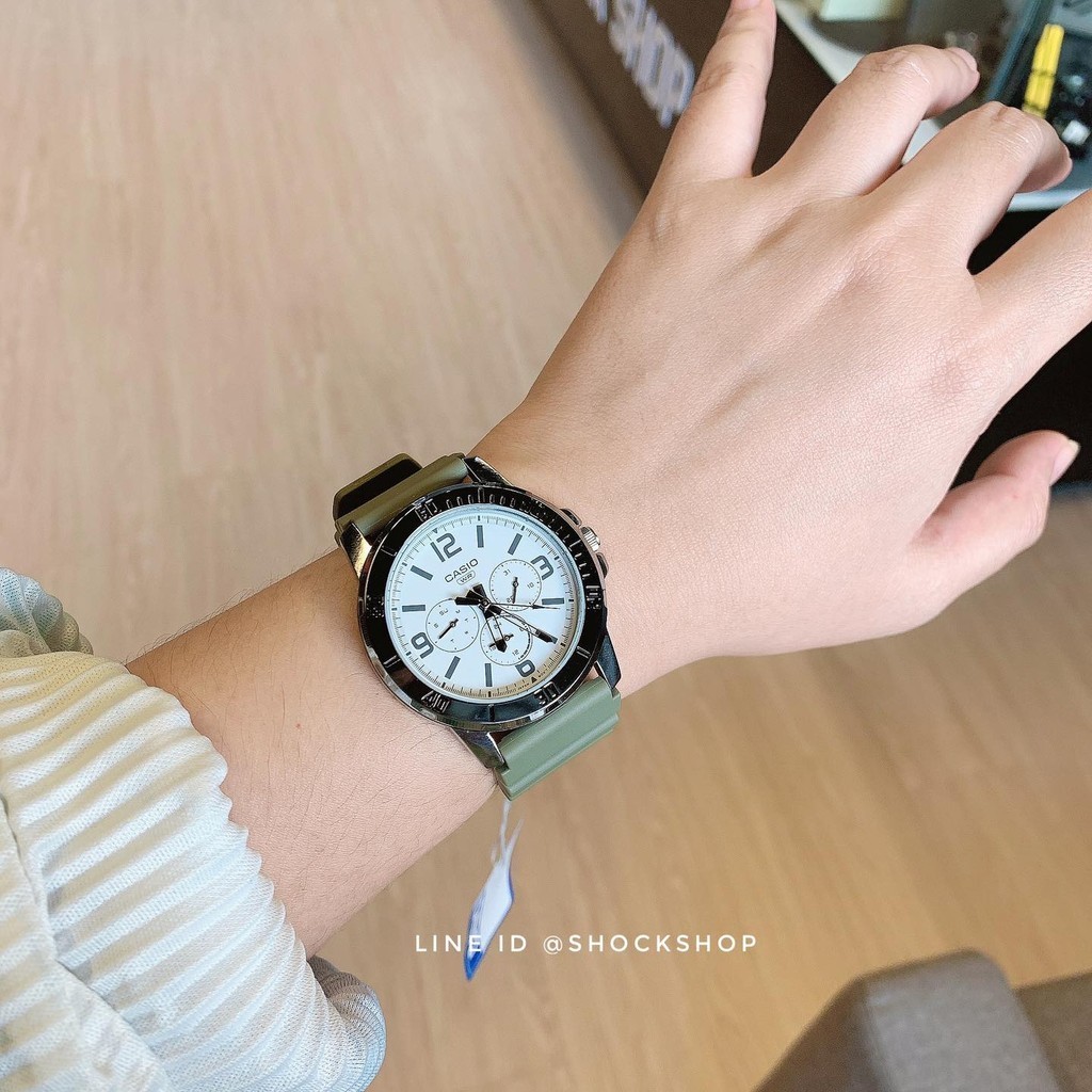 Casio นาฬิกาข้อมือ สีชาเขียวลาเต้🍵 วัสดุสายเรซิ่นทนทาน  รุ่น MTP-VD300-3B คาสิโอ
