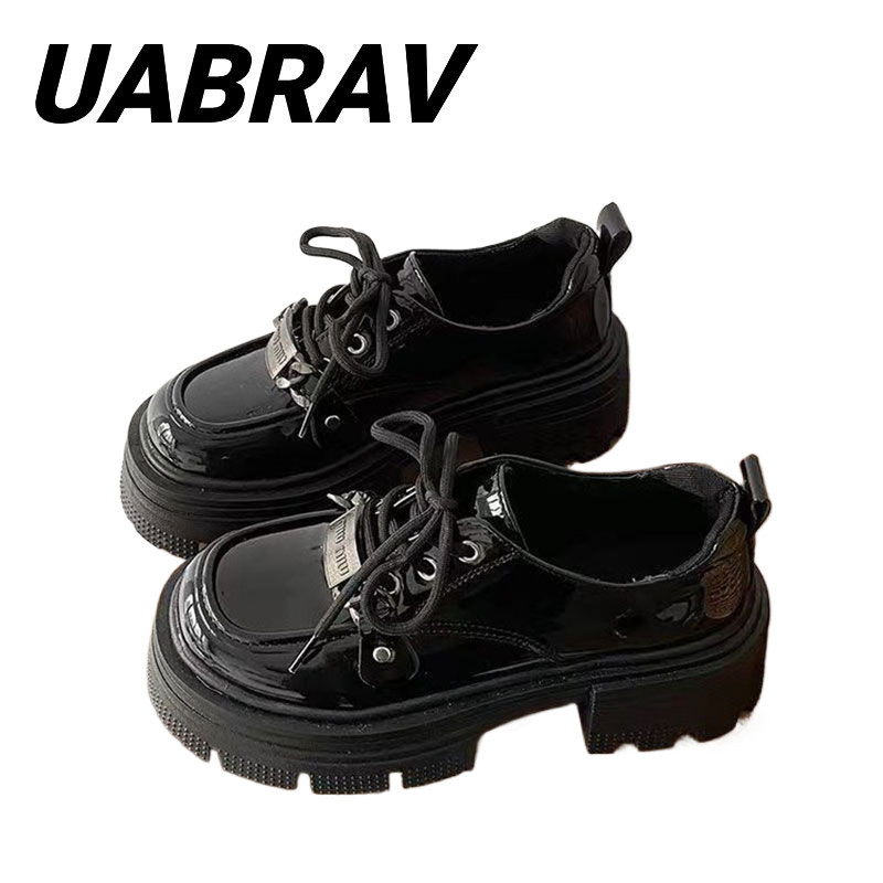 UABRAV.รองเท้าหนังแบบสบาย ๆ พื้นหนาผูกเชือกขนาดเล็กเหมาะสำหรับทุกชุดสีดำสไตล์วินเทจสำหรับผู้หญิง รองเท้าสตรี มีแสงสว่างเพียงพอ(ขนาด:35-40)