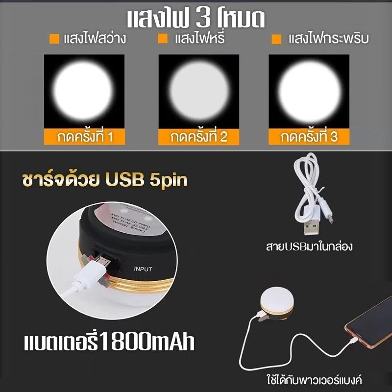 โคมไฟเต็นท์ LED 1800mAh ปรับได้ 3 โหมด thumbnail 5