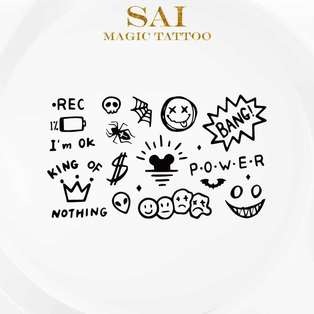 แทททู SAI MAGIC TATTOO 10CM×06CM รอยสักอยู่ได้นาน 2 สัปดาห์ รอยสักมายากล แทททูรอยสักกันน้ำ รอยสักชั่วคราว รอยสัก สักแขน สักข้อมือ,มินิมอลลิสต์ ลายสักเล็กๆ,ไฟ โครงกระดูก ปีศาจ ยิ้ม ฮิปฮอป รอยขูดขีดเขียน 444