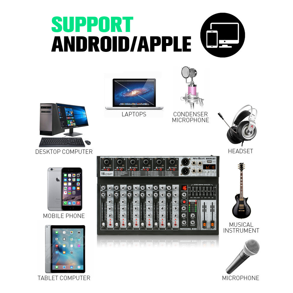 NEW BAXS 6 ช่องโทนเสียง MX06BT AUDIO MIXER มาพร้อมกับ Equalizer 16DSP Effecter รองรับการเล่น Bluetooth / USB / MP3
