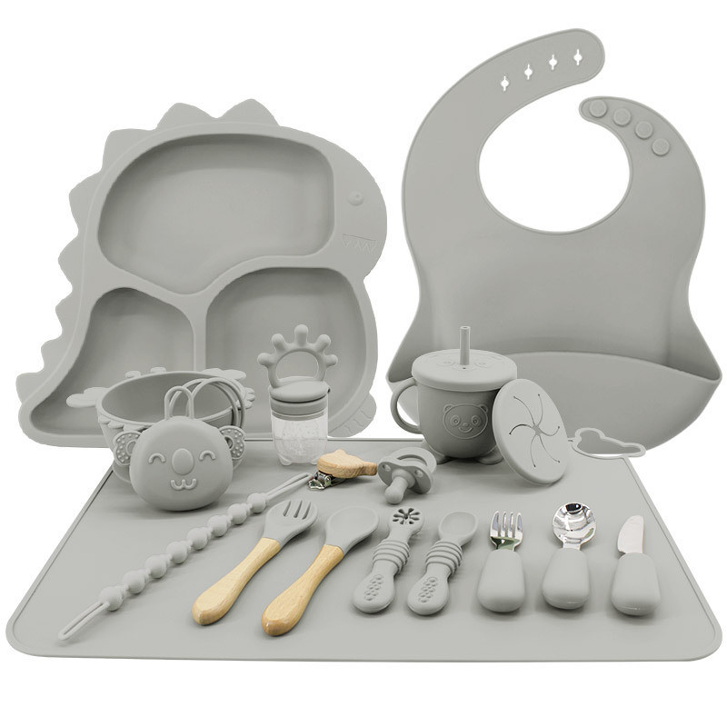 XLEE Baby Feeding Silicon Set Round Silicone Plate Bib Silicone Tableware Plate Bowl Set