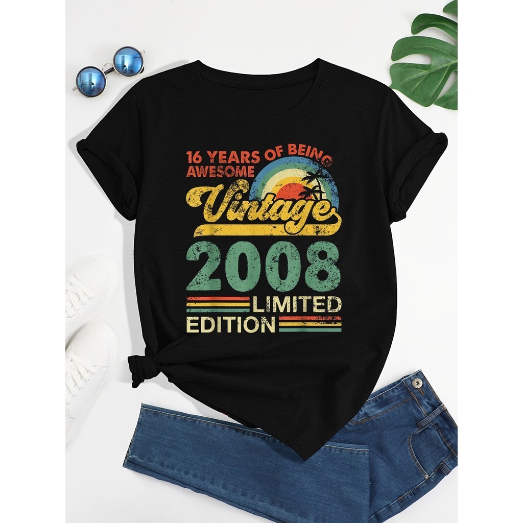 【COD】16Th Birthday 16 Year Old Vintage 2008 Boy Kids Round Neck Printing Dad Mom T-shirts Graphic T 