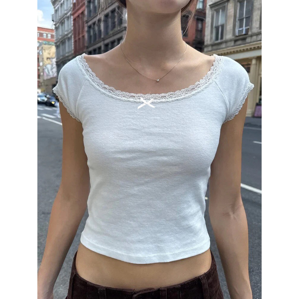 【COD】Rockmore Lace Bow Patchwork Crop Top for Women Y2K Aesthetics Casual Short Sleeve T Shirts Grun