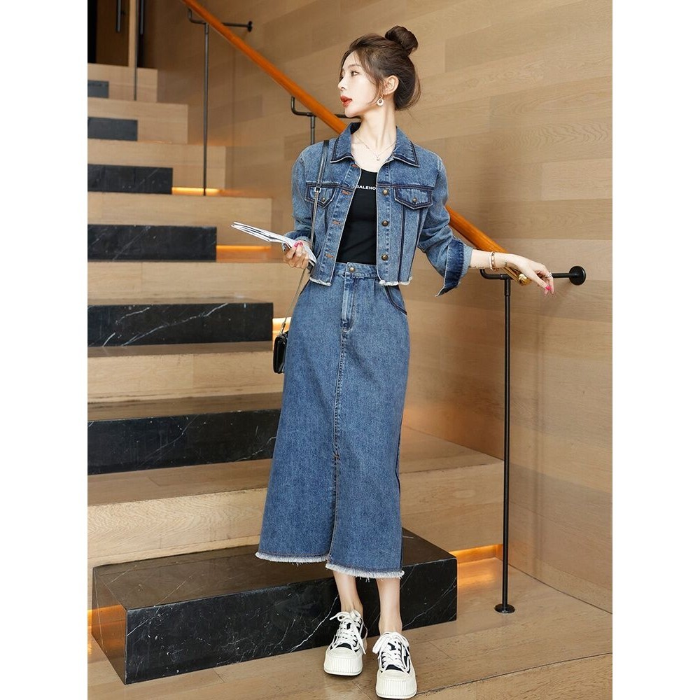 Denim suit skirt 2023 New Fall Winter cowboy denim short coat skirt two-piece set early spring fashi