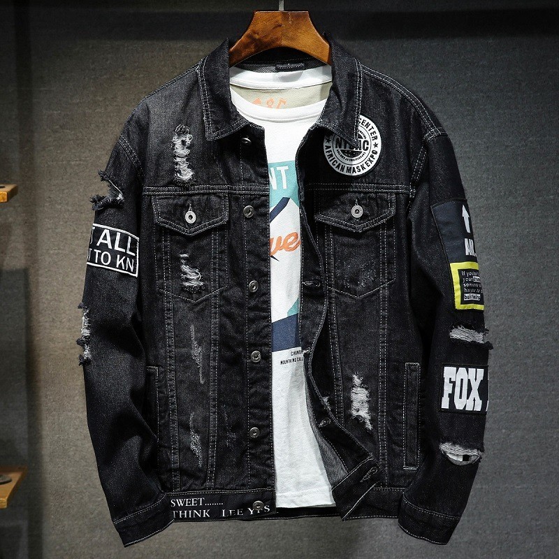 Denim jacket men's labeling student loose casual ripped denim jacket Japanese trendy jacket