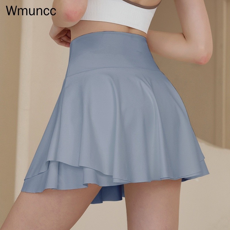 Wmuncc 2026 กระโปรงสั้น ผ้าไนล่อน เอวสูง แบบแห้งเร็ว เหมาะกับใส่เล่นโยคะ ฟิตเนส เทนนิส สําหรับผู้หญิง สองชิ้น