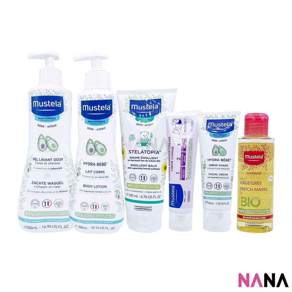 เซ็ทดูแลผิวลูกน้อย Mustela Baby Care Bestsellers Line ((เจลทำความสะอาดอ่อนโยน [แชมพูสระผมและครีมอาบน้ำ] / โลชั่นบำรุงผิว Hydra Bebe / ครีม 1-2-3 วิตามินแบริเออร์ / ครีมบำรุงผิวหน้า / บาล์มทำให้ผิวนวล Stelatopia / น้ำมันนวด)