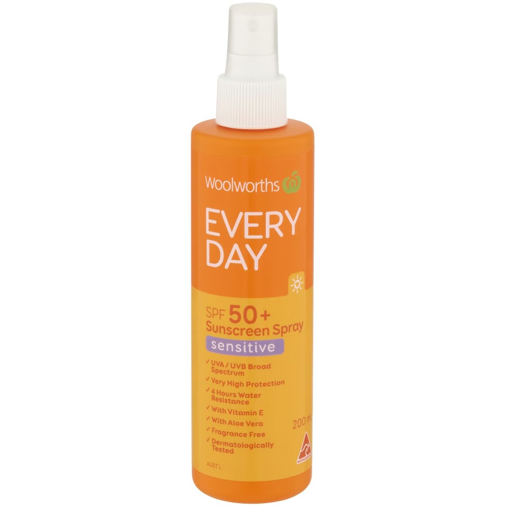 Woolworths Everyday Sunscreen Sensitive Spray Spf50+ 200ml. Exp.Nov2026