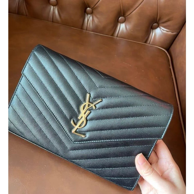 YSL Saint Laurent WOC มือสองลายภูเขาหัวเข็มขัดสีทองกระเป๋าโซ่กระเป๋าสะพายกระเป๋าสะพายกระเป๋าสะพายข้า