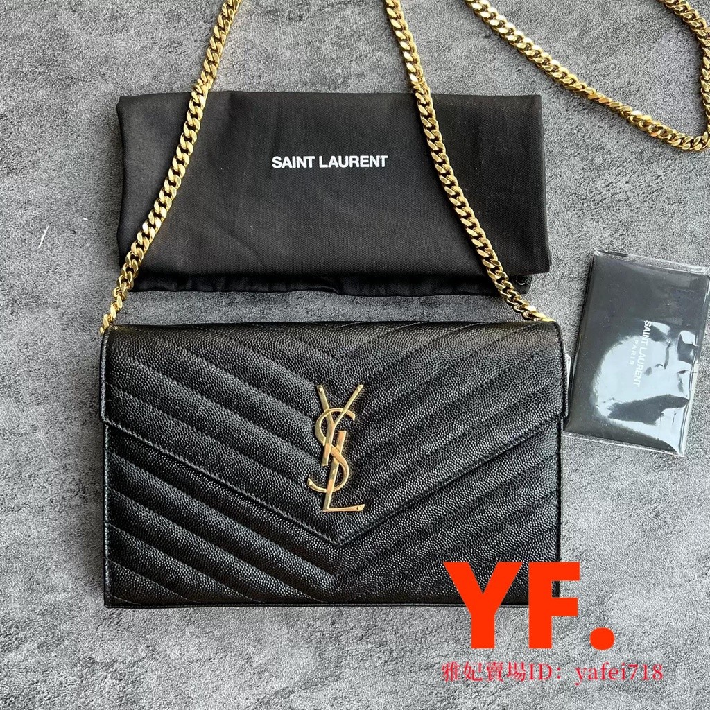 มือสอง] Saint Laurent YSL หัวเข็มขัดสีดำทอง WOC กระเป๋าซองหนังกรวดขนาดใหญ่ / กระเป๋าโซ่ / กระเป๋าสะพ