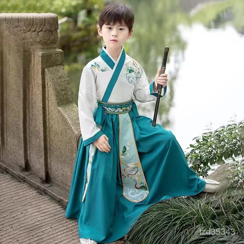 Hanfu เด็กผู้ชายเสื้อผ้าฤดูใบไม้ร่วงระดับไฮเอนด์สำหรับเด็กผู้ชายสไตล์จีนชุดถังโบราณ2023เครื่องแต่งกายสำหรับเด็กแบบใหม่