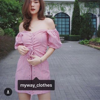 MyWay Brand : Dress ชุดเดรส - Rouge Stripe Shoulder S**งาน Sale ไม่รับคืน**ไม่รับเปลี่ยนแบบ/Size