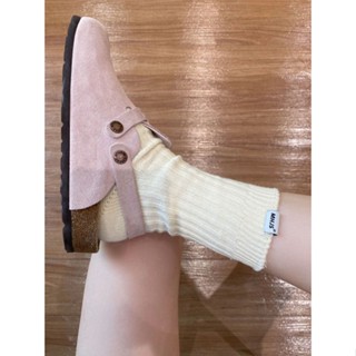 ☊Yafei ~ รองเท้า Birkenstock สีชมพูพื้นหนาของผู้หญิงสองสวมใส่สุดฮอตครึ่งลาก Baotou รองเท้าแตะพื้นหนาแจ๊กเก็ต 2023 ใหม่