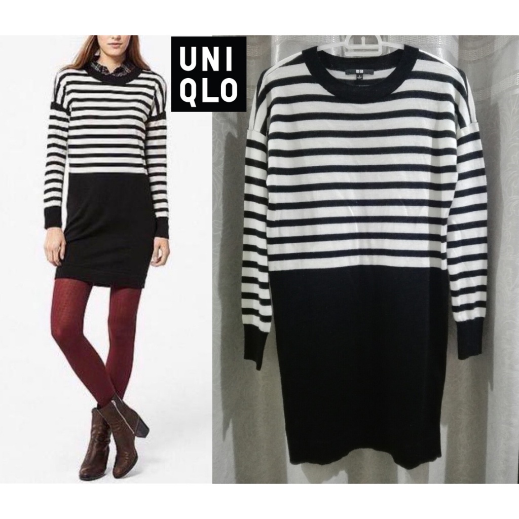 UNIQLO เดรสมือสอง :women merino blend striped long sleeve dress knitwear office wear smart casual (u