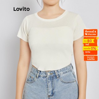 Lovito เสื้อถัก คอกลม ชายไม่เสมอกัน สีพื้น สไตล์ลำลอง แฟชั่นผู้หญิง L37LD003 (สีขาวe)