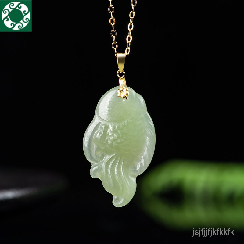 วัสดุเก่าธรรมชาติ Hetian หยกไพลินจี้ปลาทองขนาดเล็กของแท้18Kจี้สร้อยคอหยกฝังทองสำหรับผู้ชายและผู้หญิง