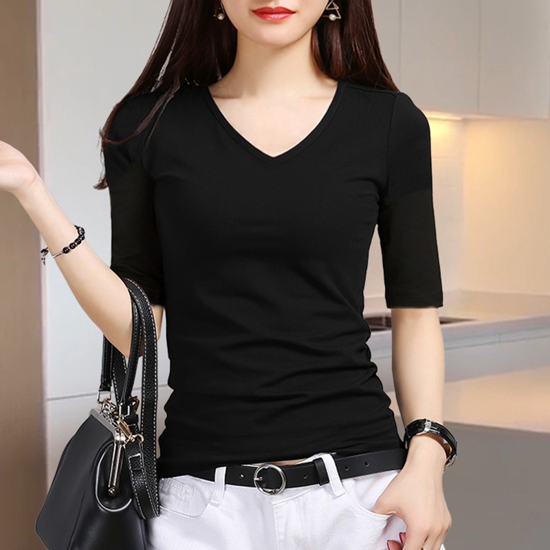 เสื้อแขนยาวปานกลางผ้าโมดาล์วสีดำตัวในผู้หญิง