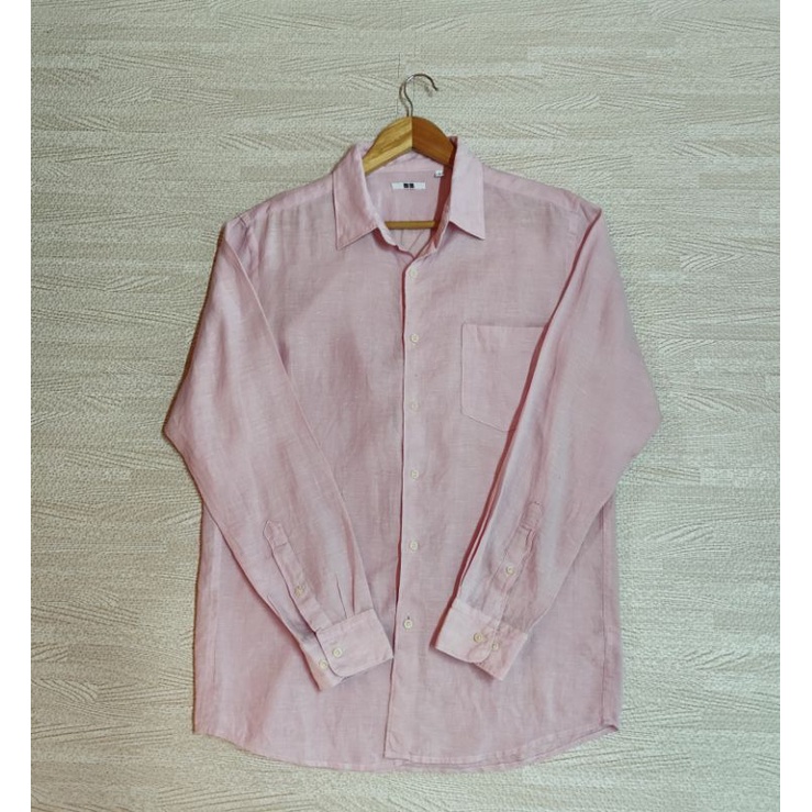 Uniqlo เสื้อเชิ้ต ลินิน 100%  (Premium Linen) สีชมพูพาสเทล Size L ชาย มือ2
