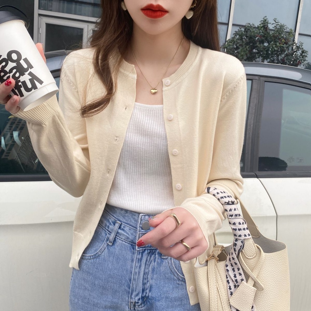 เสื้อกันหนาวแขนยาวลําลอง ผ้าถัก แบบบาง หลากสีสัน แฟชั่นทันสมัย สําหรับผู้หญิง