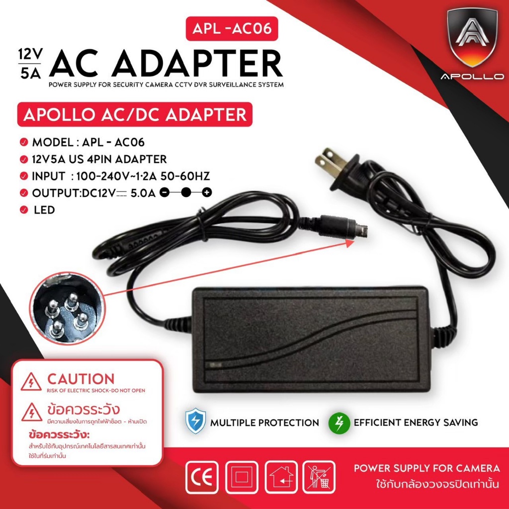Apollo Adapters 12V5A  อะแดปเตอร์ 5000mA หัว4pin สำหรับเครื่องบันทึก กล้องวงจรปิดCCTV