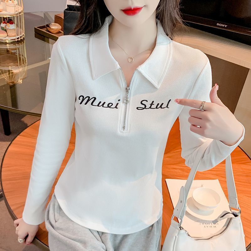 ใหม่ เสื้อยืดแขนยาว คอปก มีซิป ทรงสลิมฟิต เรียบง่าย แฟชั่นสําหรับผู้หญิง