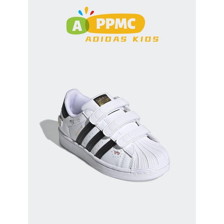 ✤รองเท้าเด็ก Adidas Velcro Clover รองเท้าผ้าใบนิ้วเท้าเปลือกสีขาวและสีดำสำหรับผู้ชายและผู้หญิงและเด็กกีฬารองเท้าสีขาว