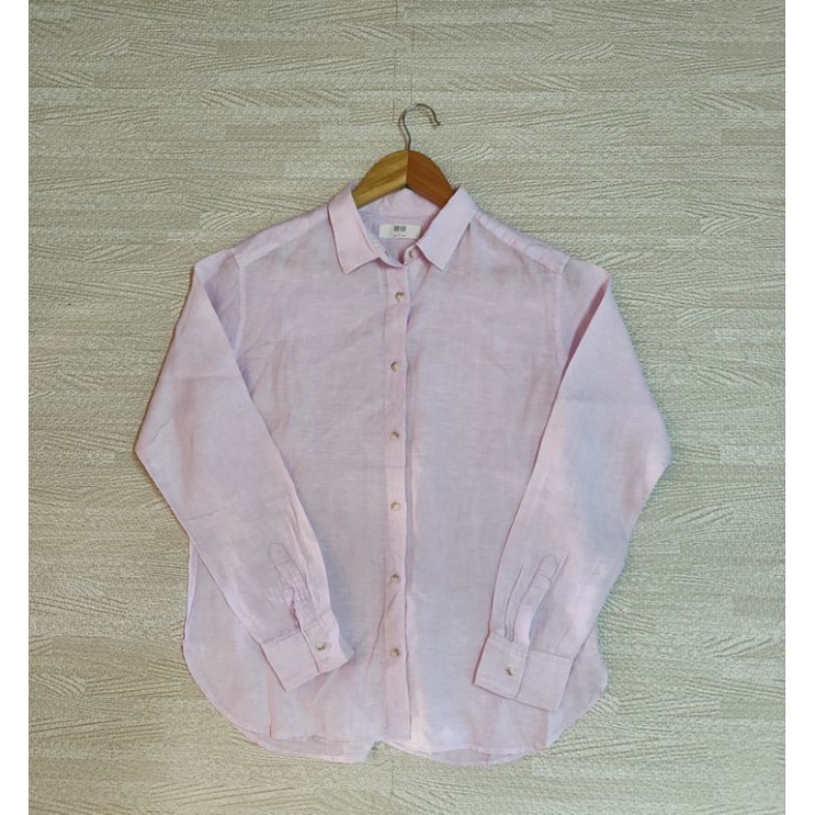 Uniqlo เสื้อเชิ้ต ลินิน 100%  (Premium Linen) สีชมพูพาสเทล Size L หญิง มือ2