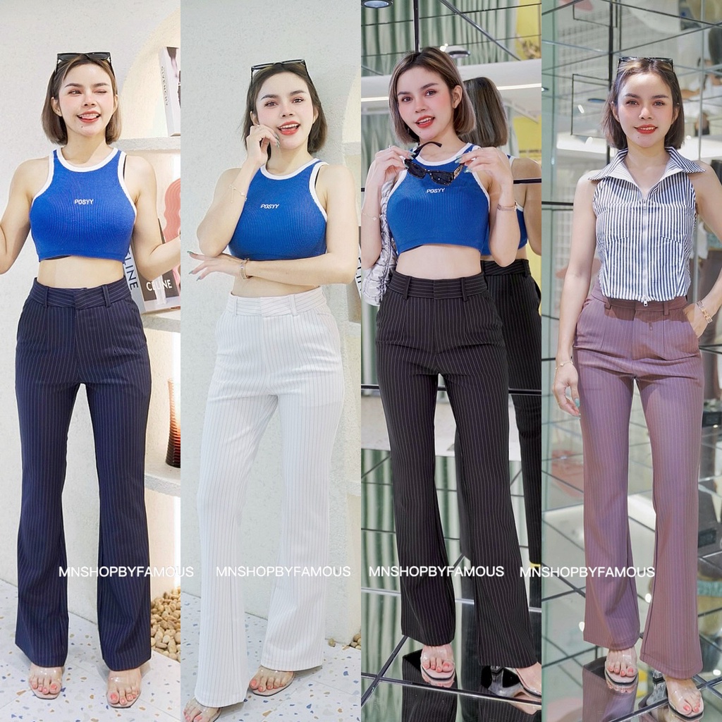 🍒ขาม้าลายริ้ว🍒กางเกงผ้าไมโครริ้วเอวสูงซิปหน้าไซส์S25-34🏷️งานป้ายFAMOUSทุกตัว💫